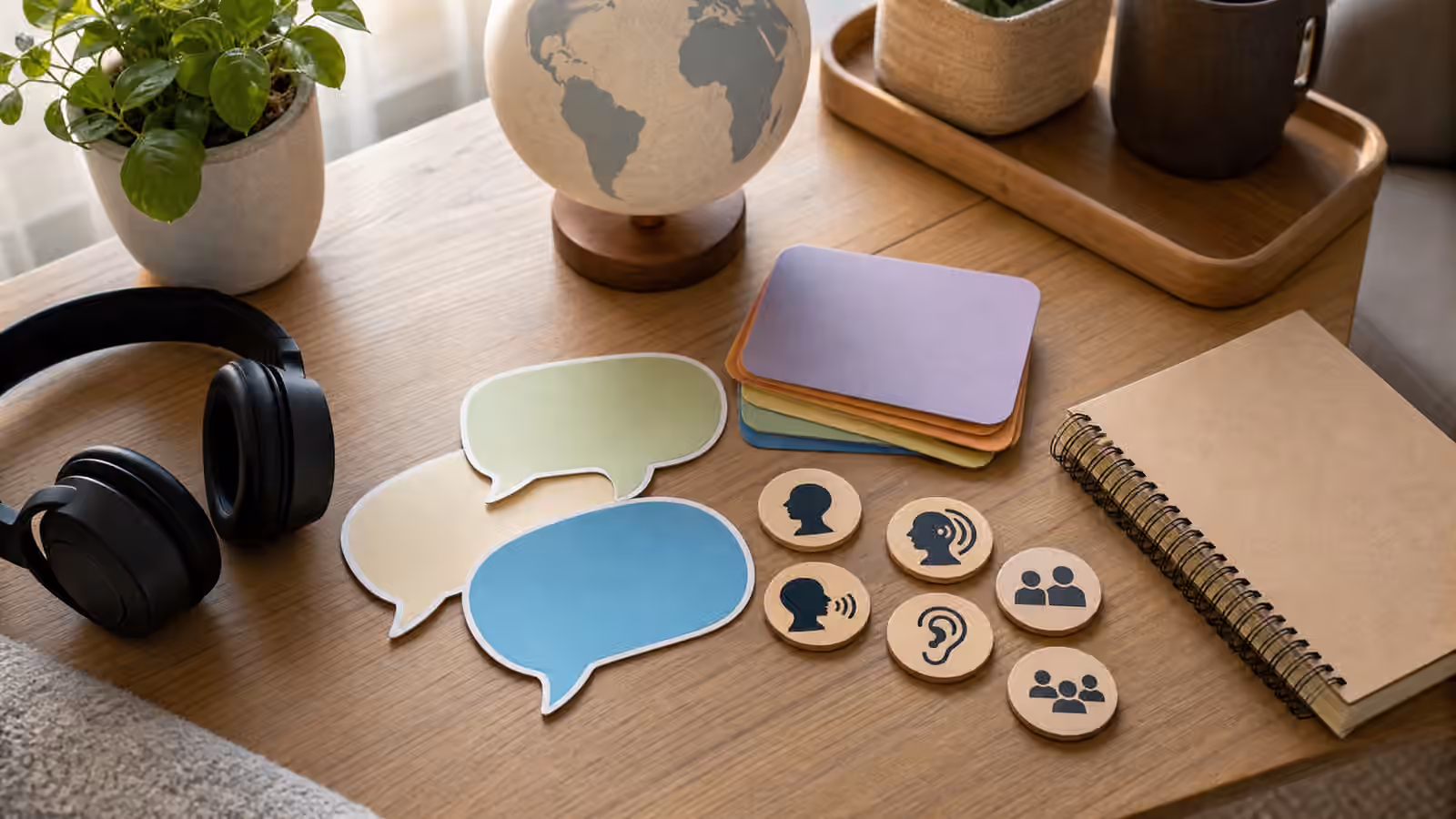 Globe, headphones, blank speech bubbles, and conversation tokens arranged for accent and dialect questions.
