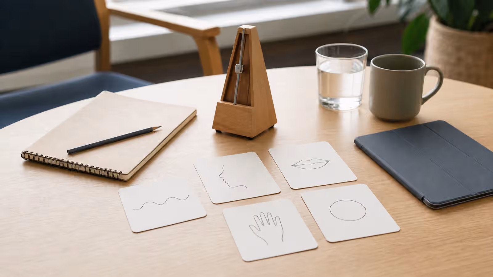 Metronome, blank speech cards, notebook, cup, and tablet arranged on a speech therapy table.