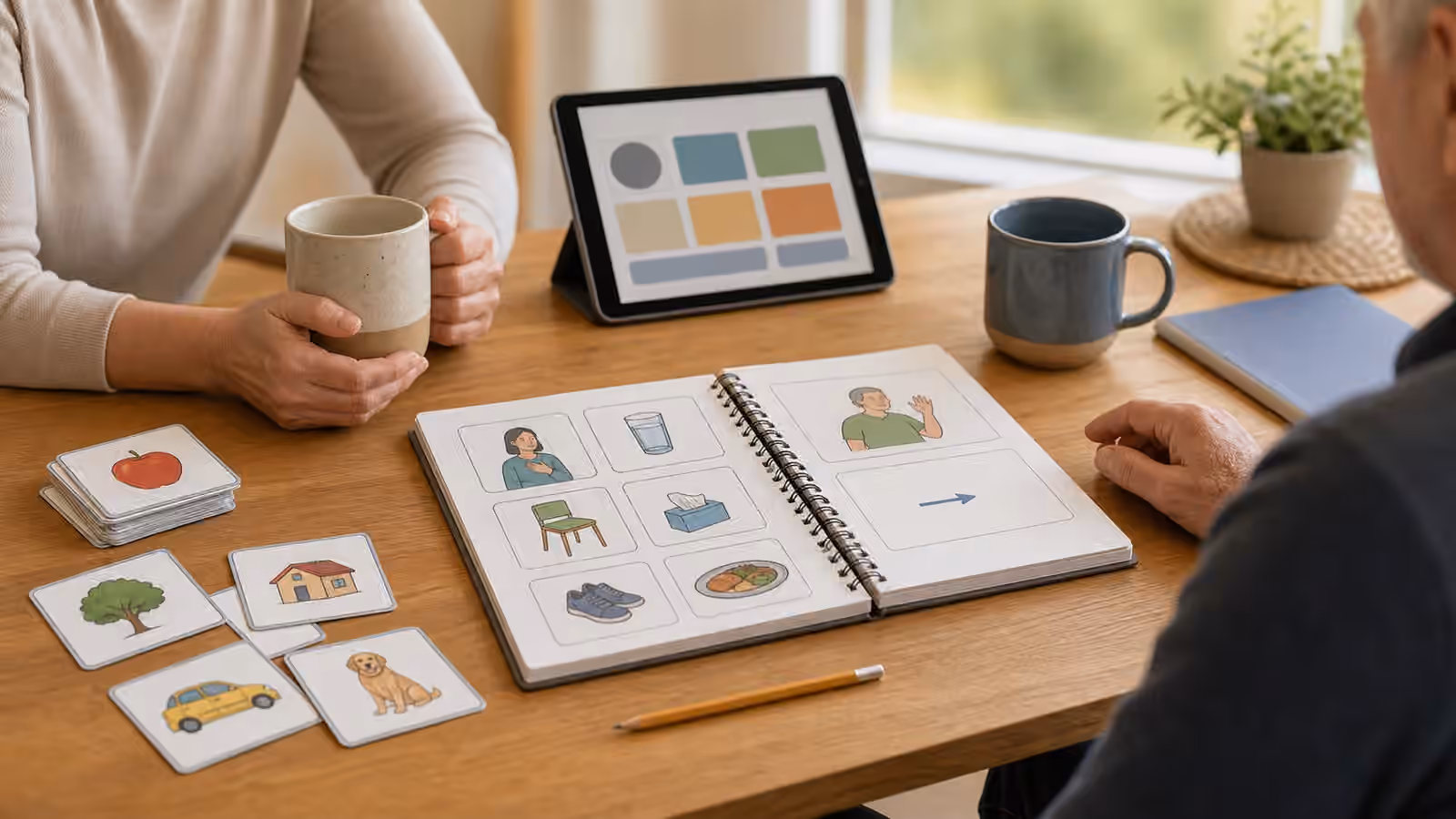 Conversation table with picture cards, a communication notebook, tablet, pencil, and mugs for aphasia support.
