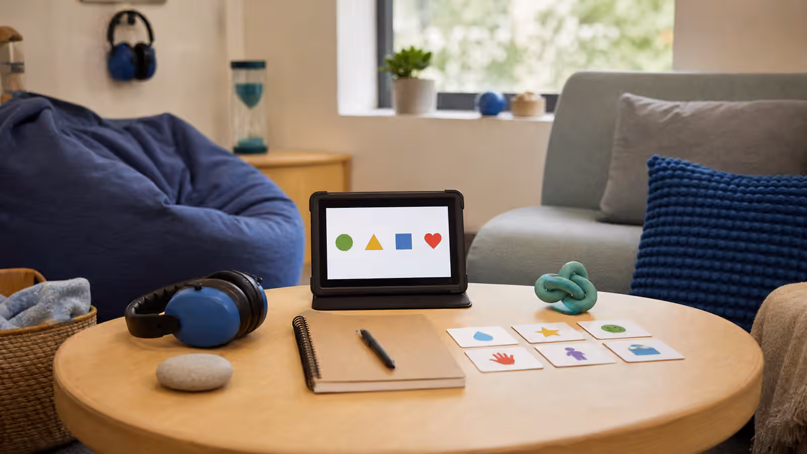 Quiet communication space with headphones, tablet with simple icons, visual cards, notebook, and soft seating.