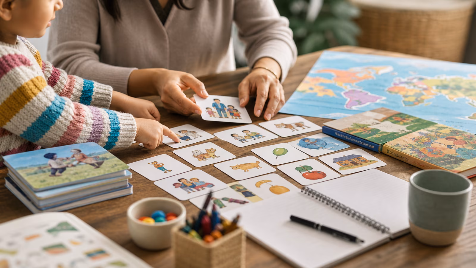 Multilingual picture cards, books, map, and notebook arranged for bilingual speech-language questions.