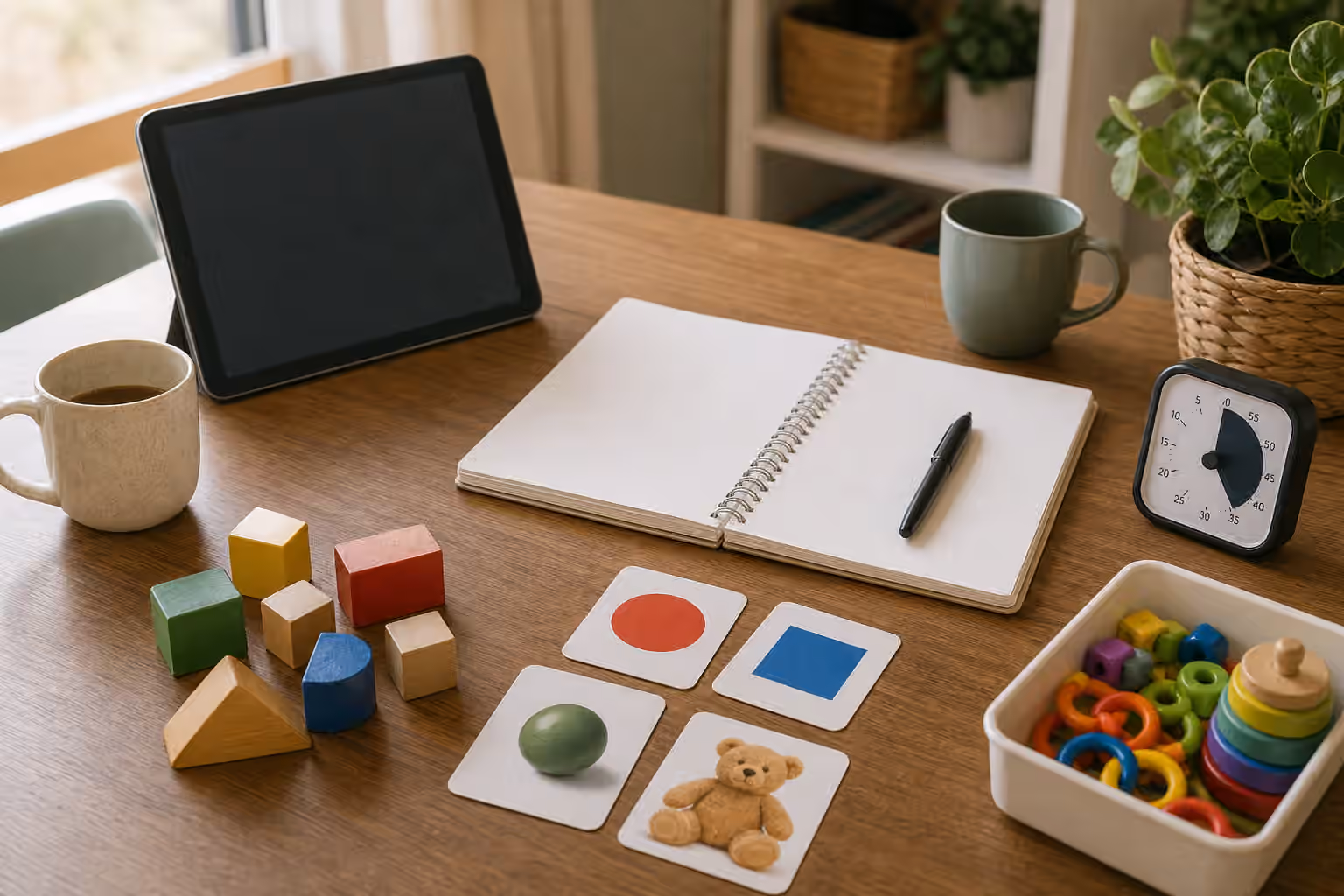 Toy blocks, picture cards, timer, blank notebook, and tablet arranged for caregiver coaching.