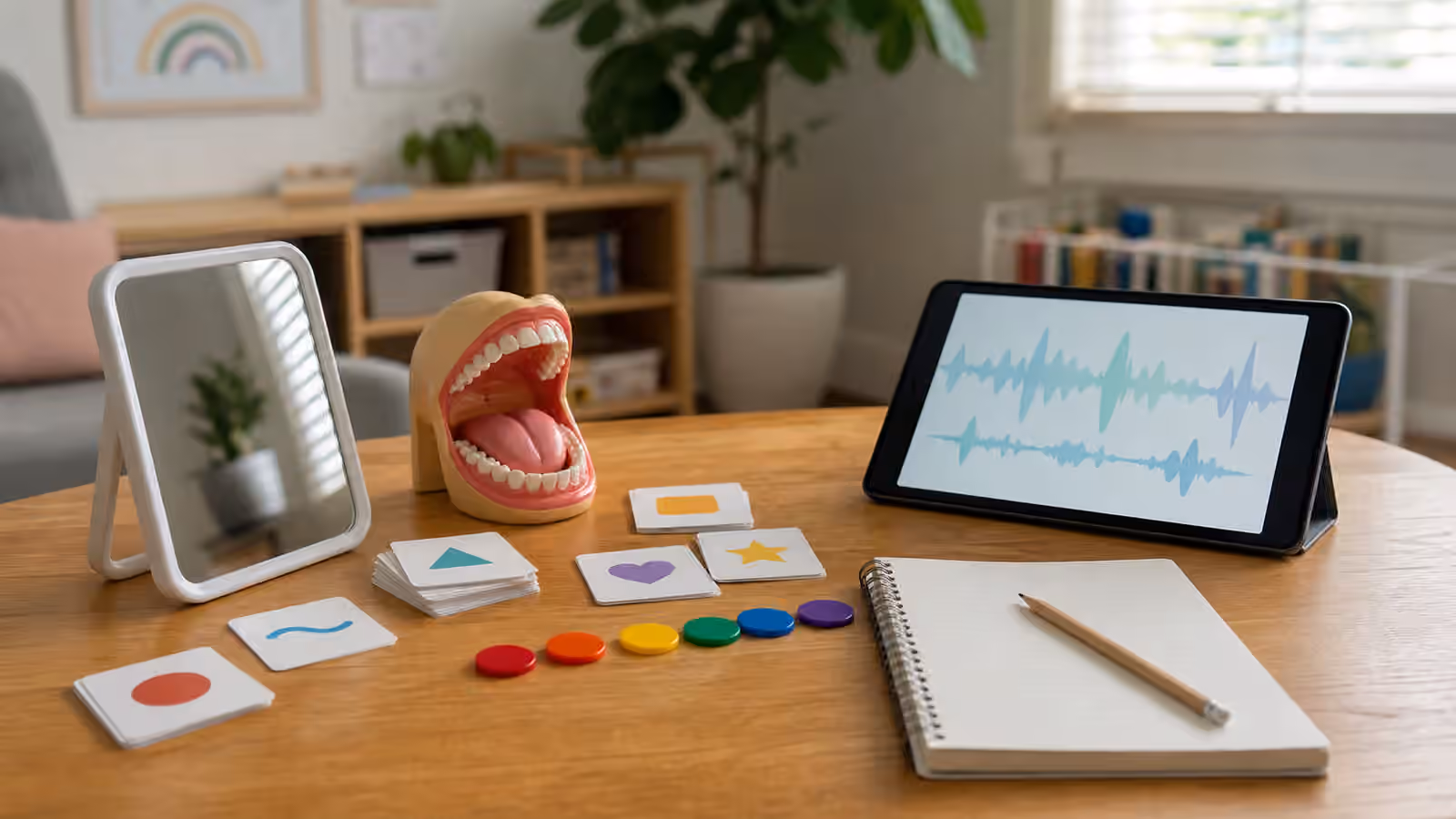 Mirror, mouth model, pacing tokens, picture cards, tablet, and notebook arranged for motor speech planning support.