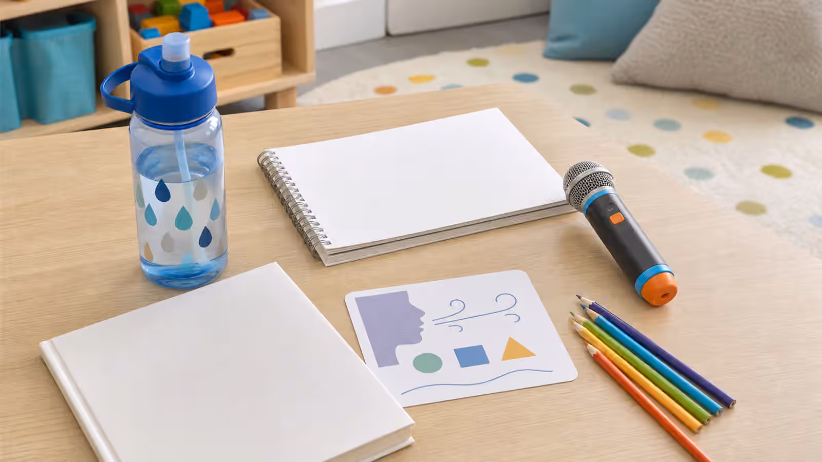 Child-friendly table with a water bottle, blank notebook, toy microphone, colored pencils, and simple shape cards.