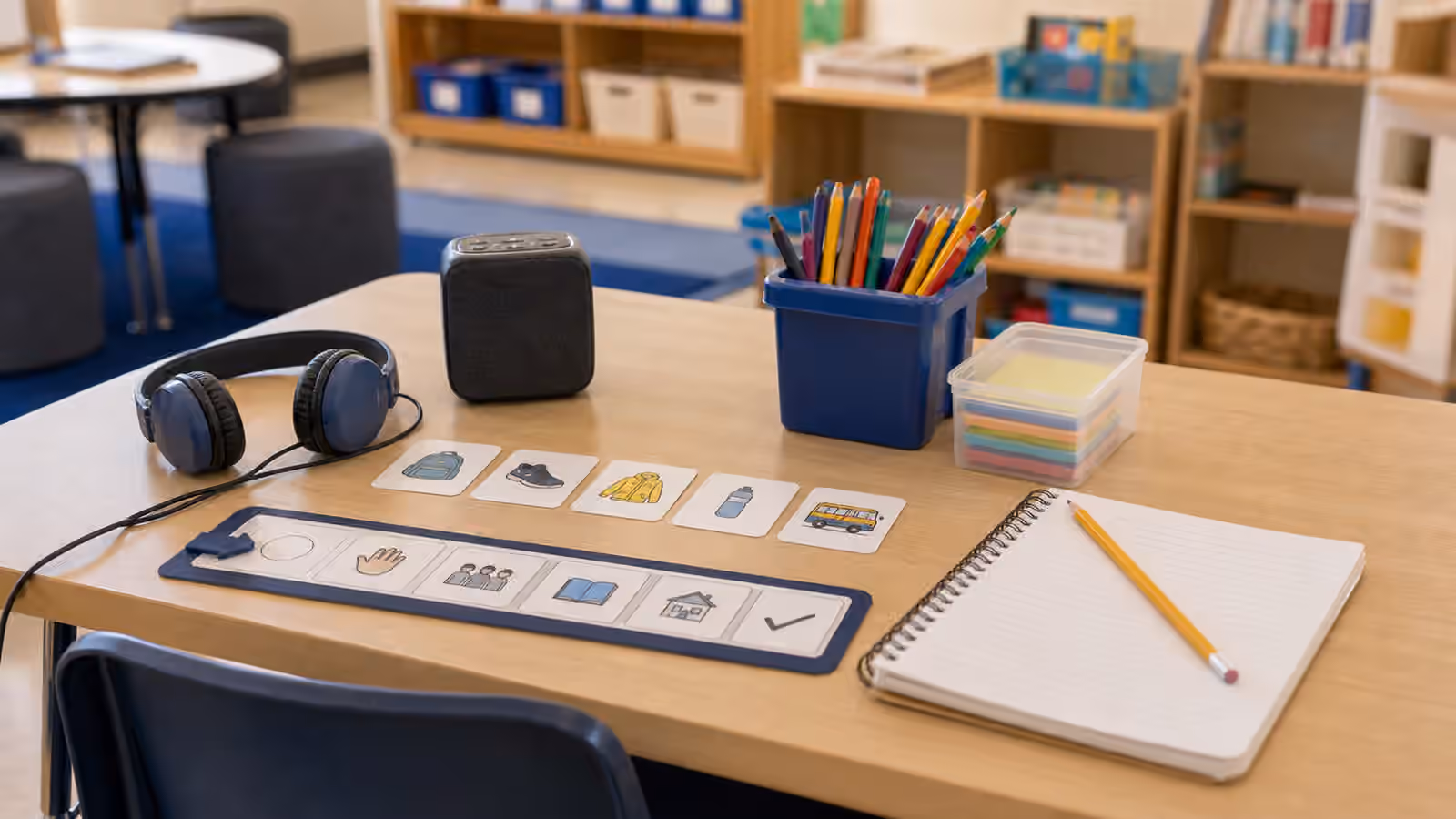 Headphones, small speaker, picture sequence cards, blank symbol schedule, pencils, and notebook on a classroom table.
