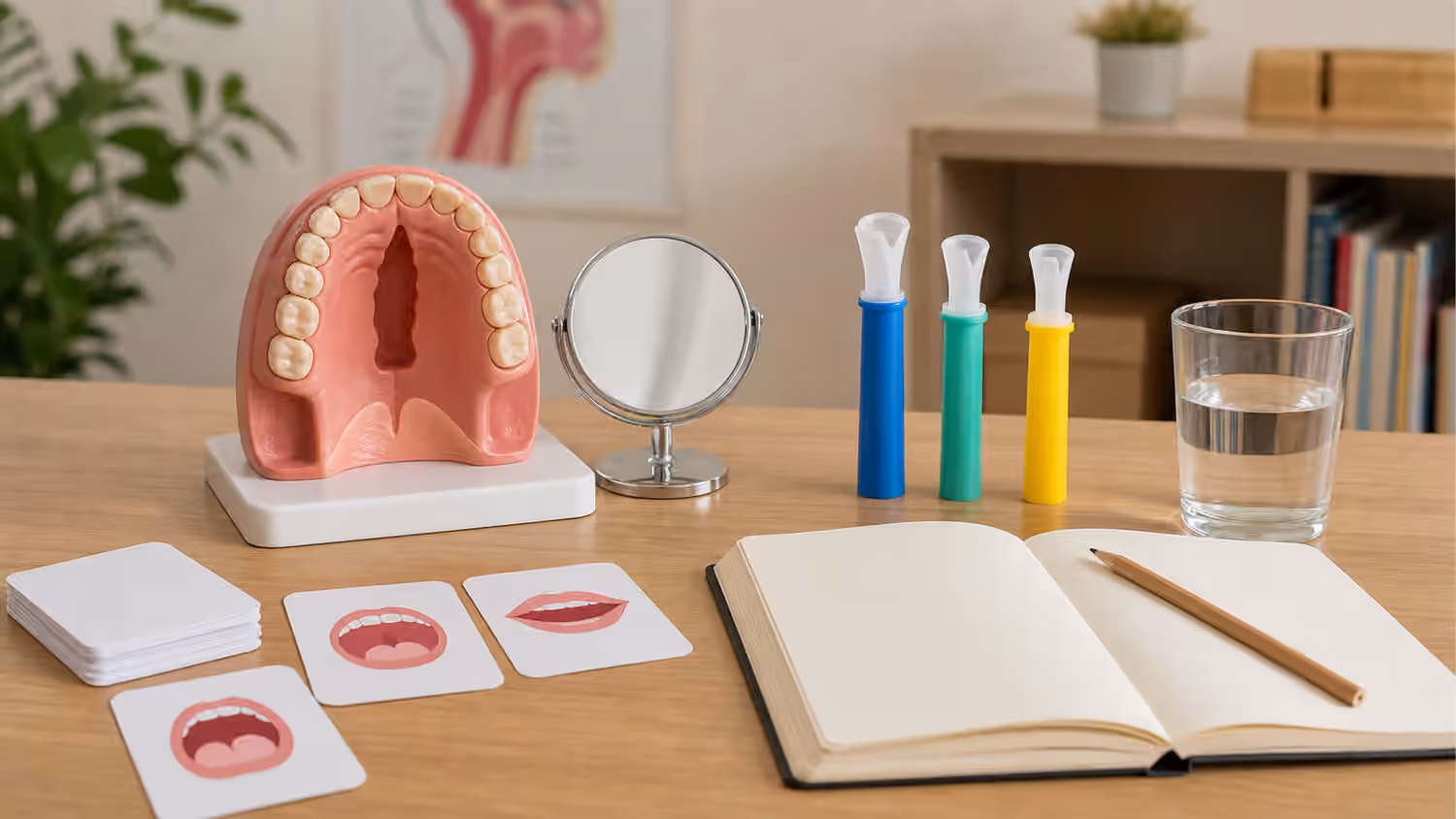 Palate model, mirror, resonance tubes, blank picture cards, pencil, and notebook on a speech therapy desk.