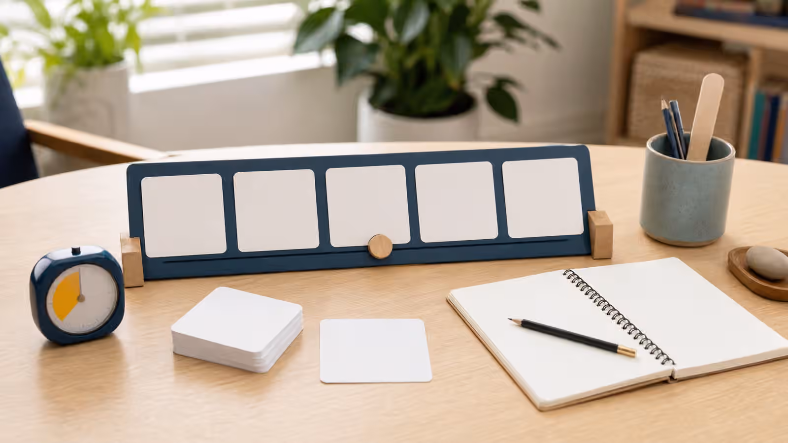 Pacing board, blank cards, timer, notebook, and pencils arranged on a speech therapy table.