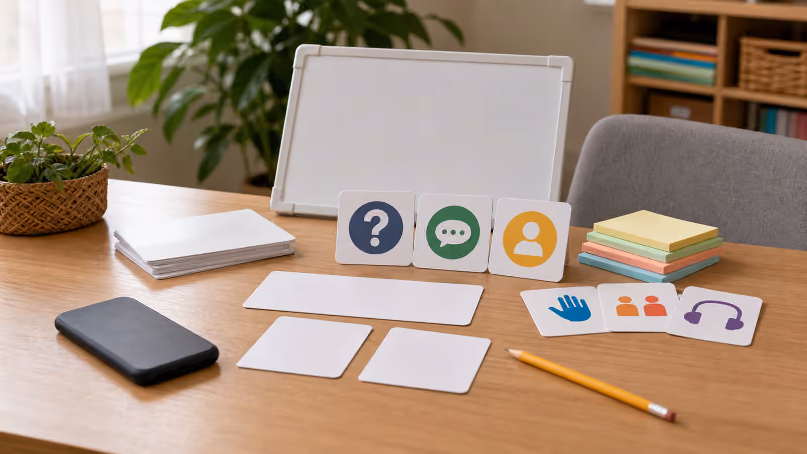 Blank conversation cards, whiteboard, phone, visual support cards, sticky notes, and pencil on a community table.