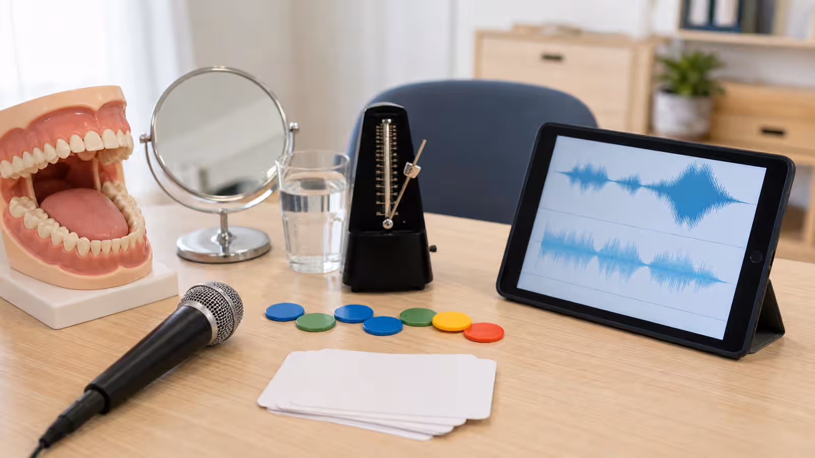 Mouth model, mirror, pacing tokens, water glass, microphone, and abstract waveform tablet arranged for motor speech support.