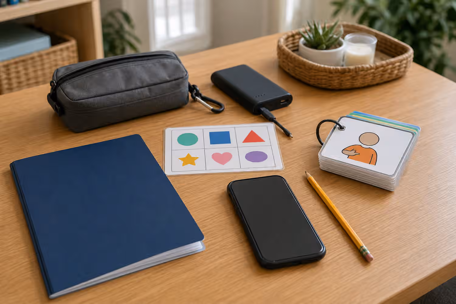 Small pouch, backup charger, blank laminated communication card, folder, phone, pencil, and AAC-style cards on a planning table.