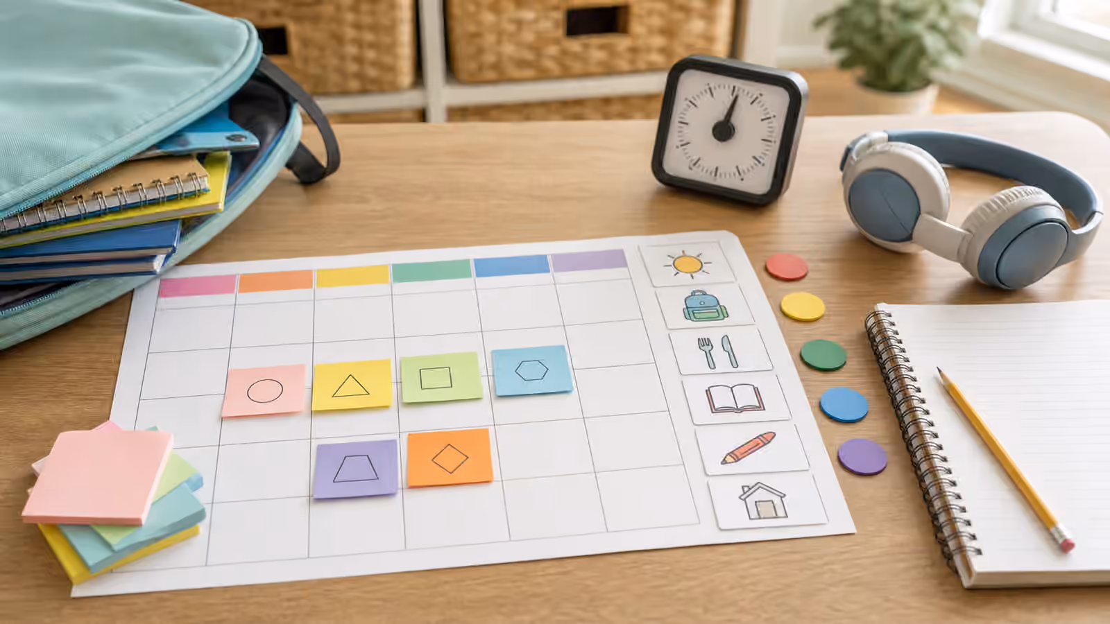 Visual schedule cards, blank planner, sticky notes, backpack, headphones, clock, notebook, and pencil on a therapy table.