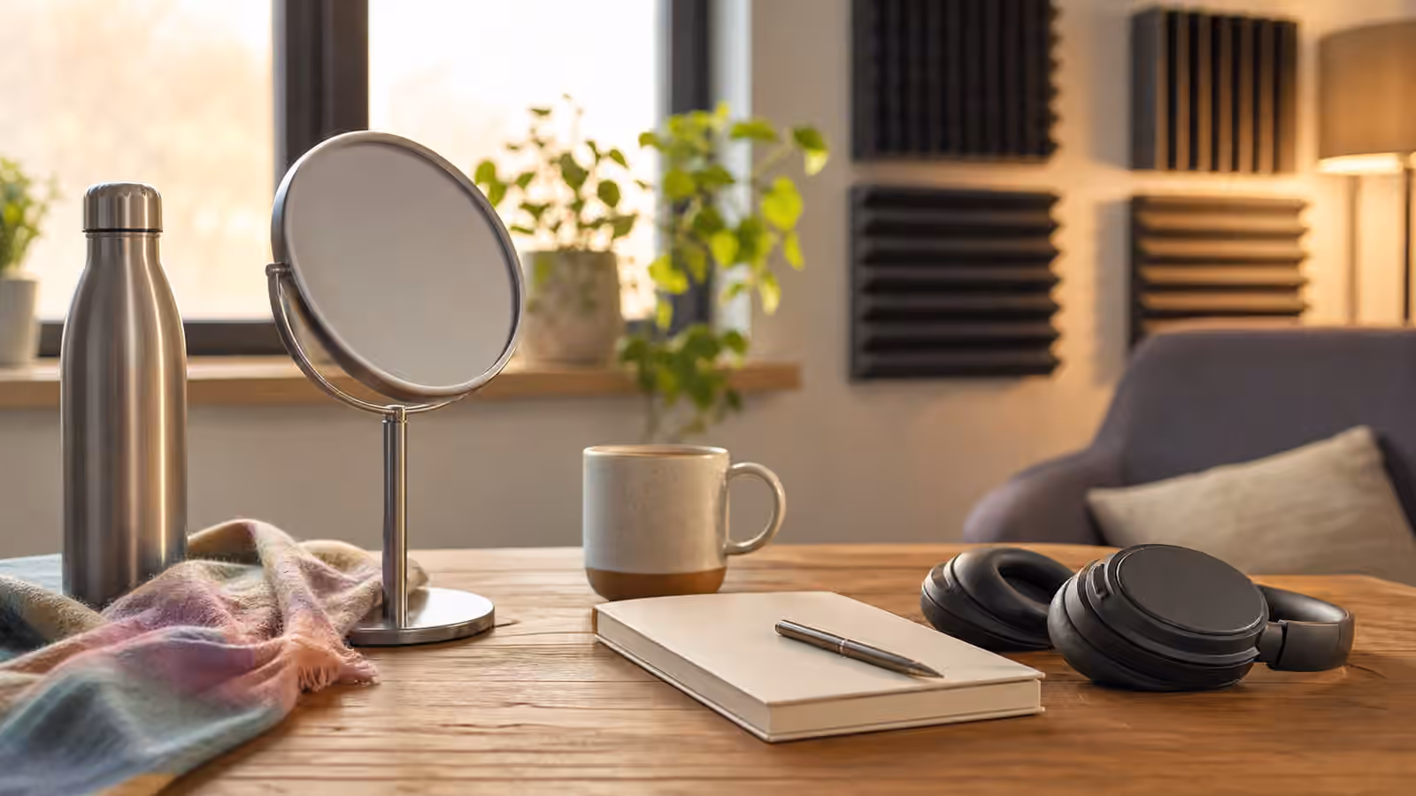 Voice therapy desk with mirror, blank journal, water bottle, scarf, headphones, and acoustic foam.