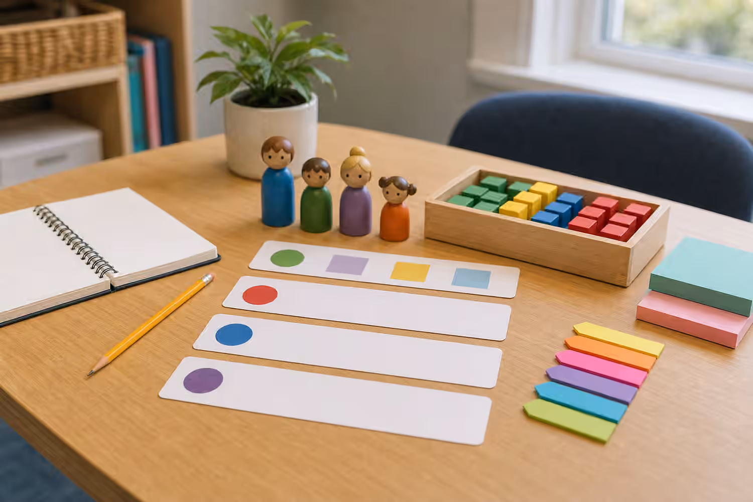 Blank sentence strips, colored blocks, toy figures, pencil, sticky tabs, and notebook on a speech-language table.
