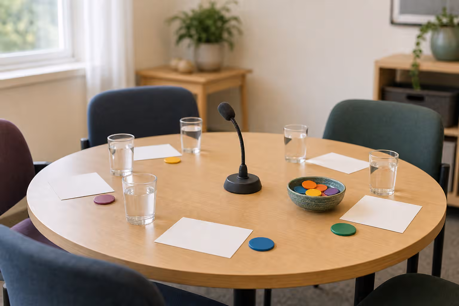 Round discussion table with blank cards, water glasses, microphone, and turn-taking tokens.