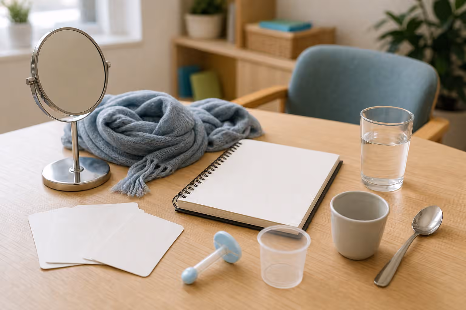 Blank patient notebook, water cup, scarf, spoon, cards, and mirror arranged on an outpatient therapy desk.
