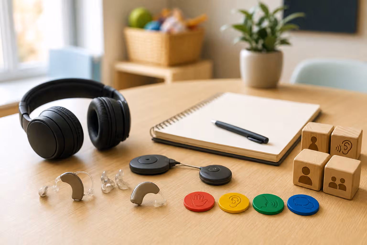 Hearing devices, headphones, blank notebook, and listening tokens arranged on a therapy table.