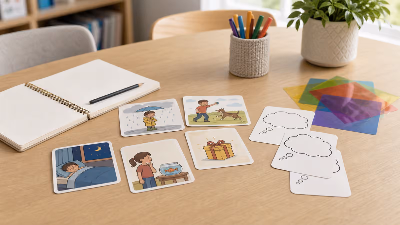 Picture cards, blank thought-bubble cards, colored overlays, notebook, and markers on a learning table.