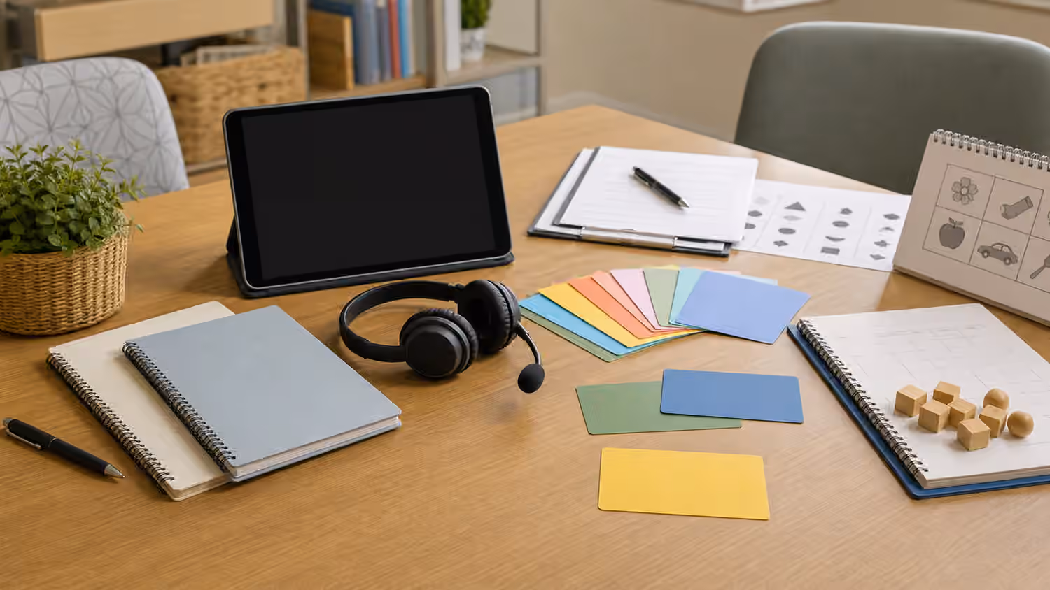 Blank notebooks, dark tablet, headphones, microphone, and colored language cards on a clinic desk.