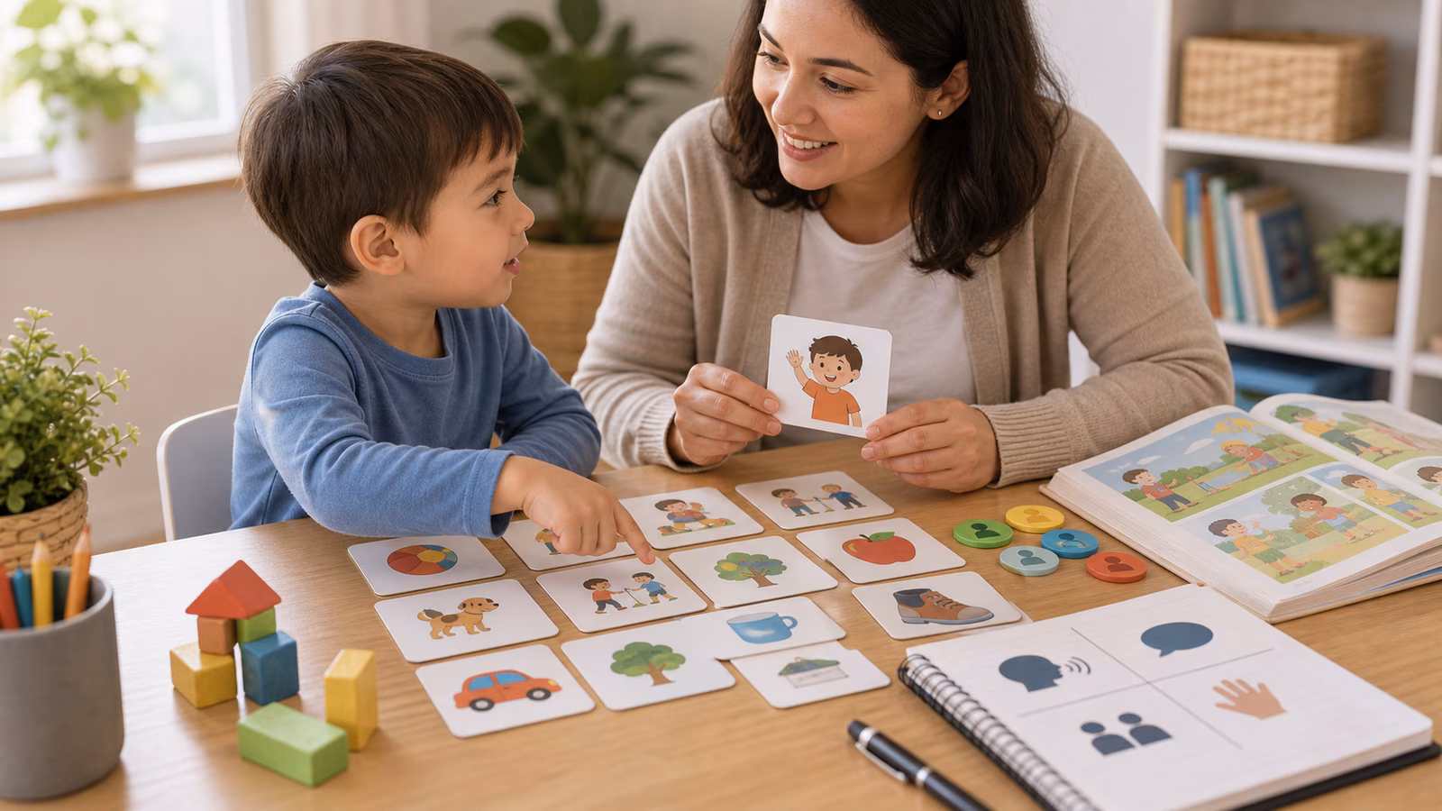 Story cards, toy blocks, turn-taking pieces, and notebook arranged for language development.