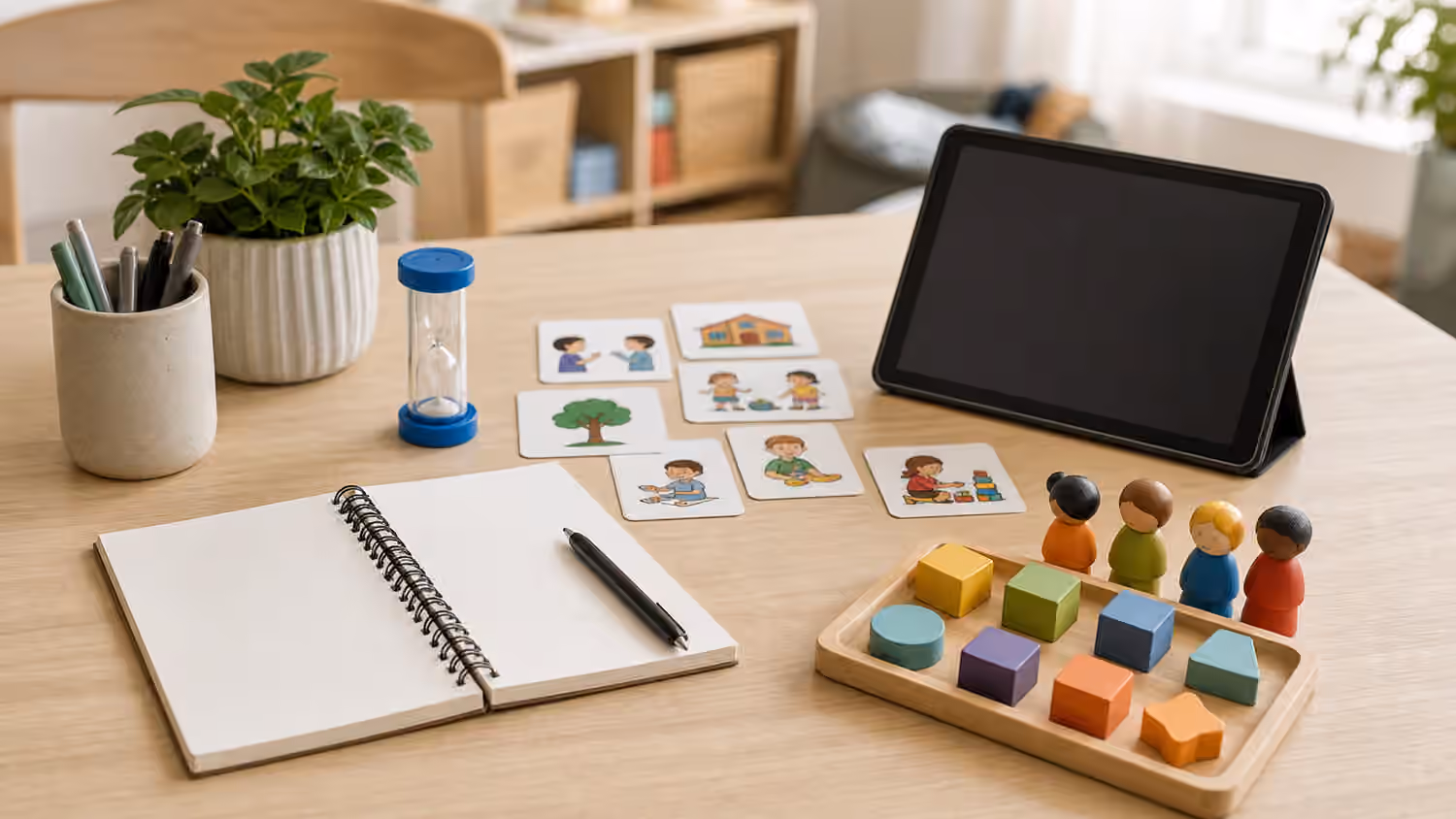 Blank notebook, picture cards, timer, small figures, and tablet arranged for language observation.