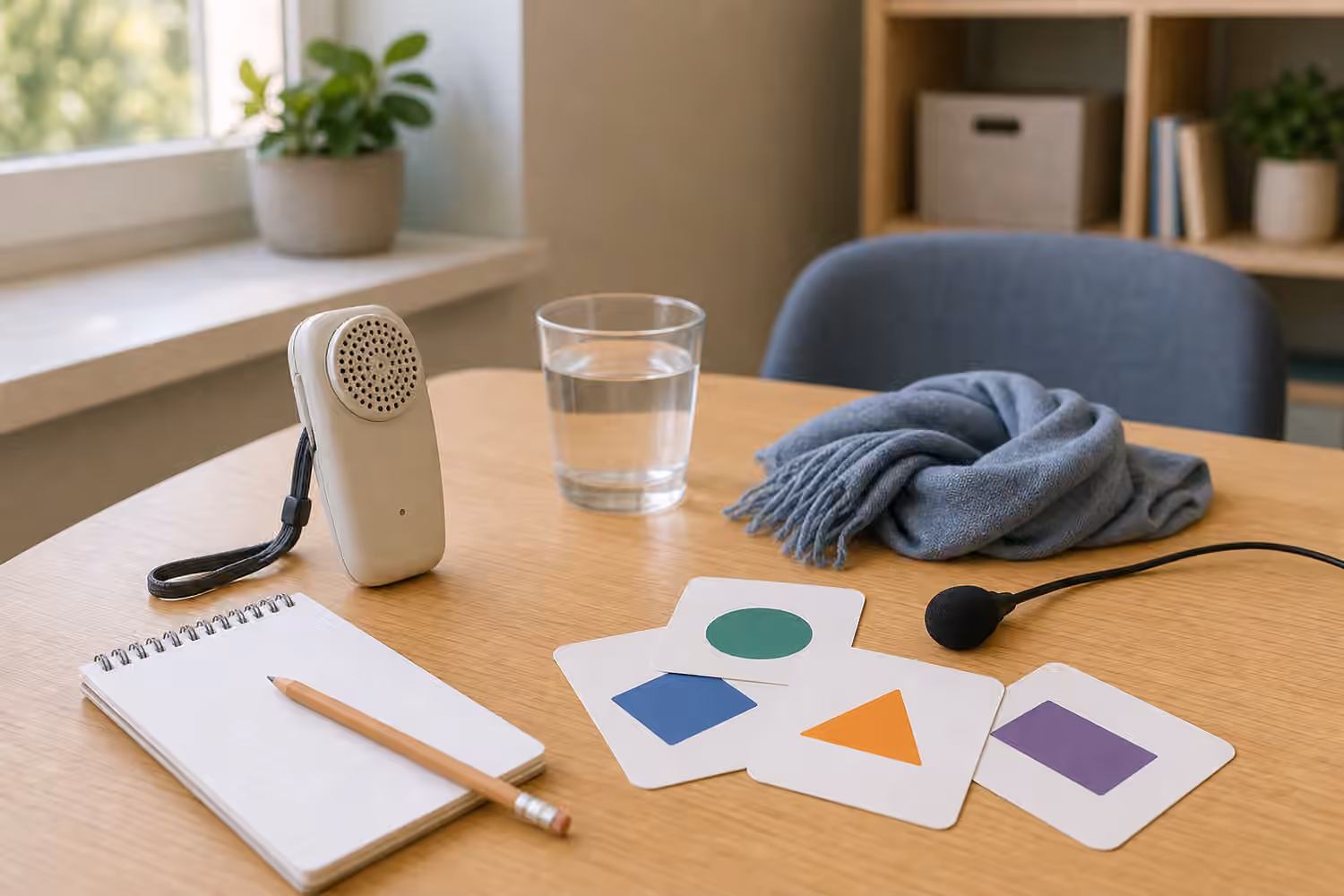 Handheld speaking aid, scarf, blank notepad, pencil, small microphone, water cup, and colored-shape cards on a clinic table.
