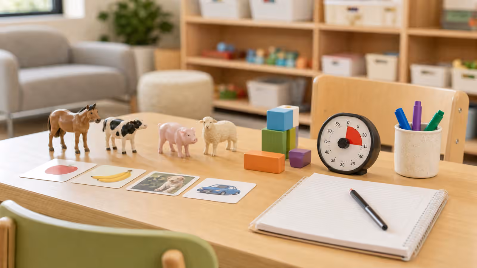 Toy animals, picture cards, timer, blocks, and caregiver notebook arranged for early communication observation.