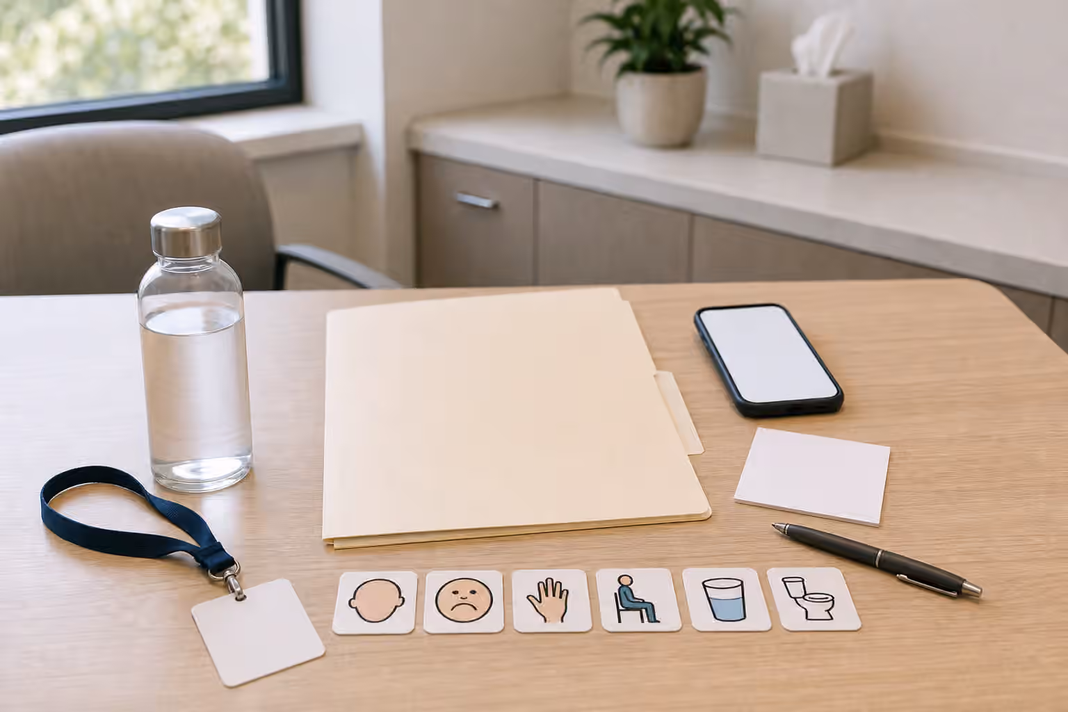 Blank appointment folder, phone, note card, pen, and picture cards arranged on a clinic desk.