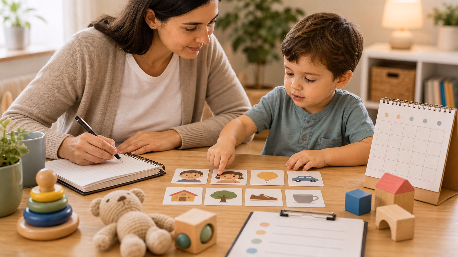 Caregiver observation table with toys, picture cards, calendar, and notebook for milestone notes.