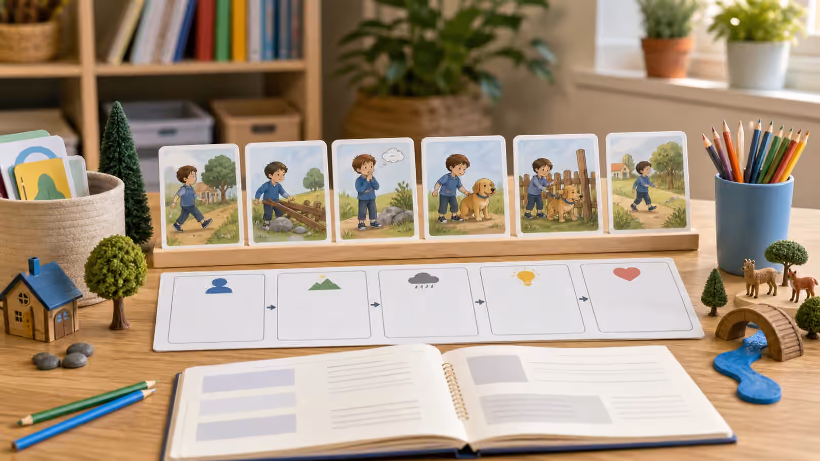 Story sequence cards, blank story map, colored pencils, and notebook arranged for narrative language support.