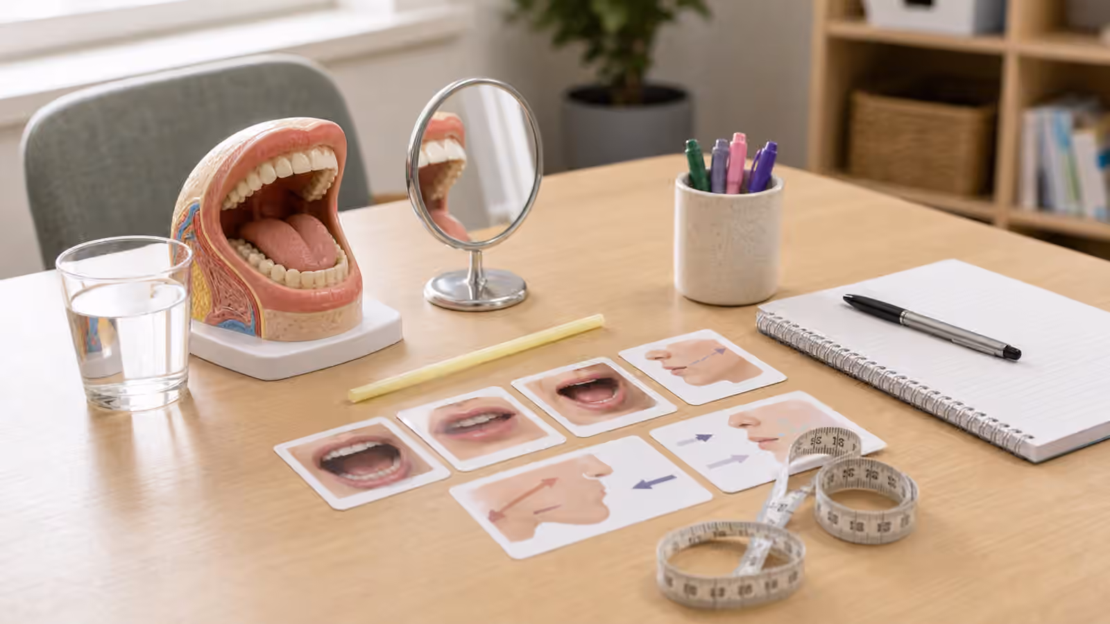 Anatomical mouth model, mirror, straw, water glass, observation cards, tape measure, and notebook on a clinic table.