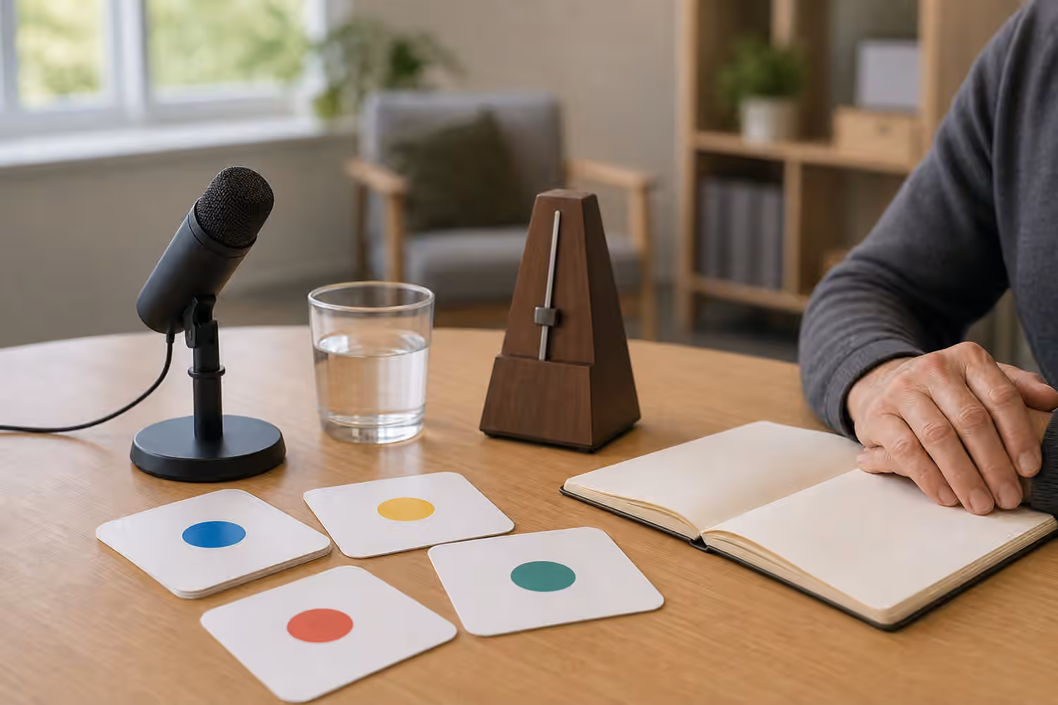 Microphone, water glass, blank cue cards with colored dots, metronome-like object, notebook, and adult hands on a clinic desk.