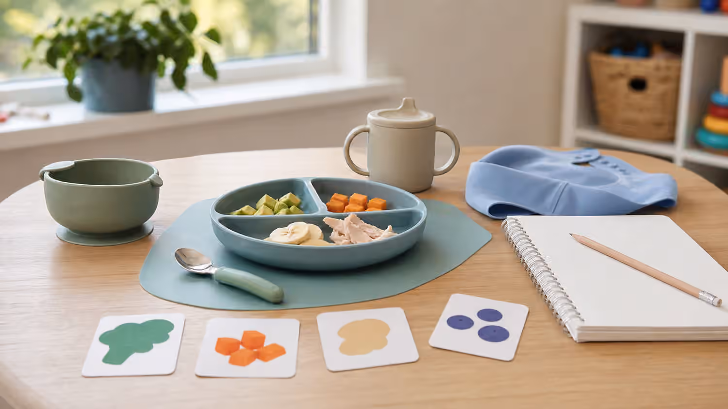 Child-size cup, spoon, divided plate, soft foods, bib, blank notebook, and picture cards on a calm feeding therapy table.