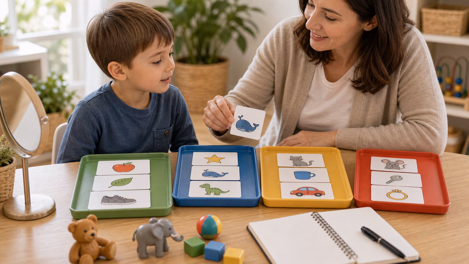Picture cards, sound sorting trays, mirror, and notebook arranged for phonological pattern practice.