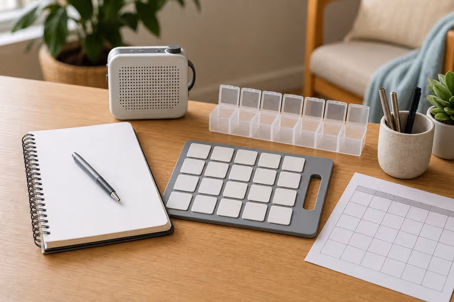 Blank communication notebook, tile board, small speaker, pen, and planning page on a rehabilitation desk.
