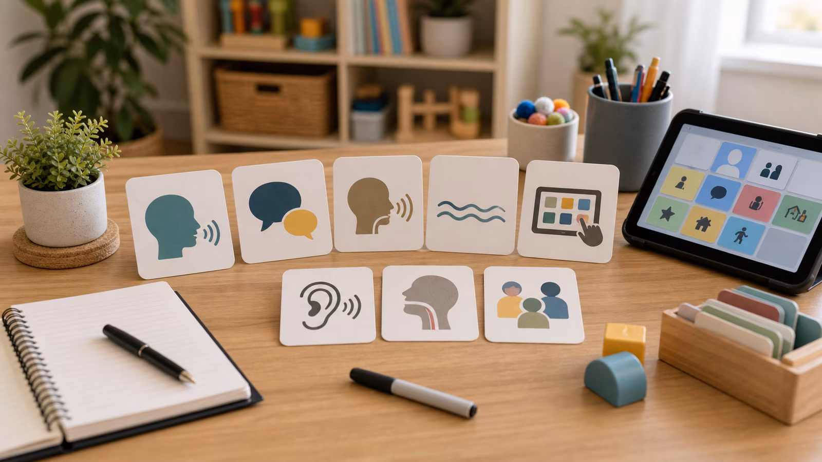 Speech-language pathology domain cards, tablet, notebook, and therapy materials on a learning desk.