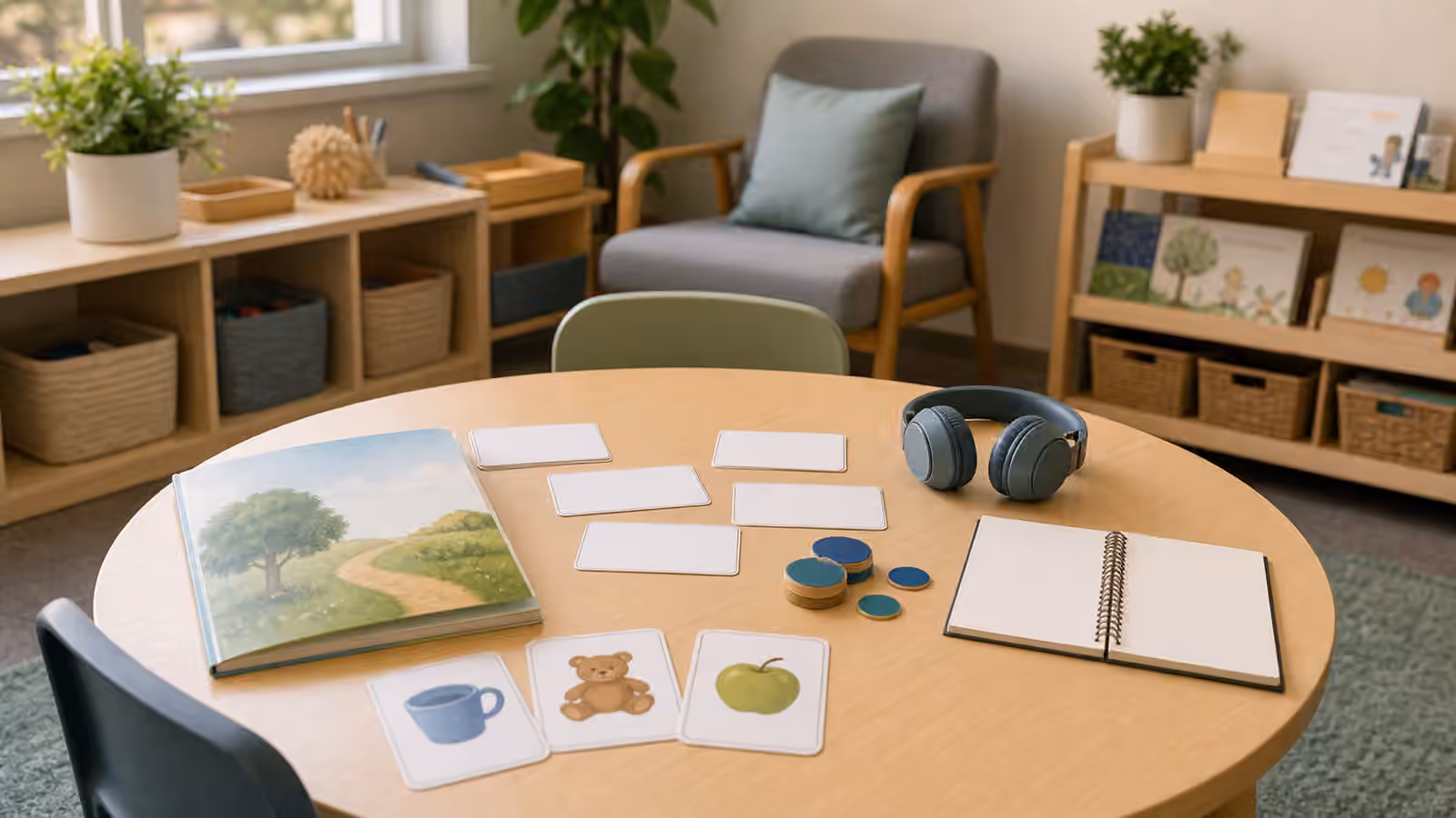 Quiet classroom support corner with blank choice cards, picture book, headphones, tokens, and notebook.