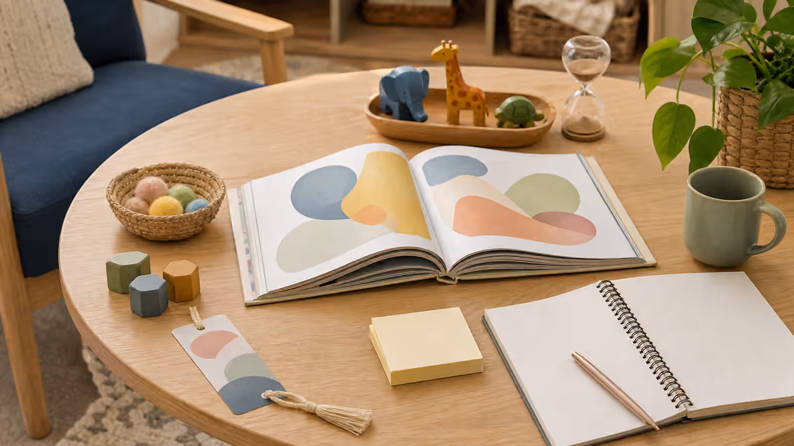Open picture book, blank notebook, bookmark, sticky notes, and small toys on a warm reading table.