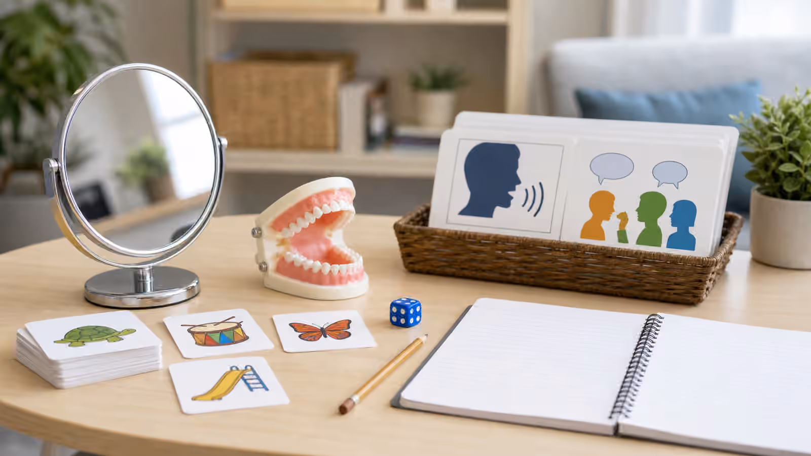 Speech therapy mirror, mouth model, picture cards, dice, pencil, and blank notebook on a clinic table.