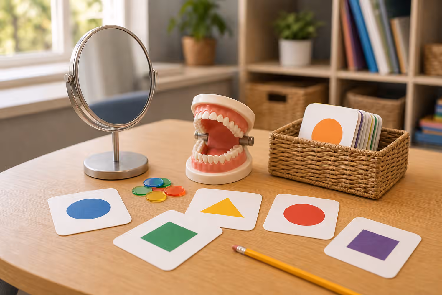 Mirror, mouth model, sound cards with colored shapes, pencil, and therapy tokens on a child-friendly table.