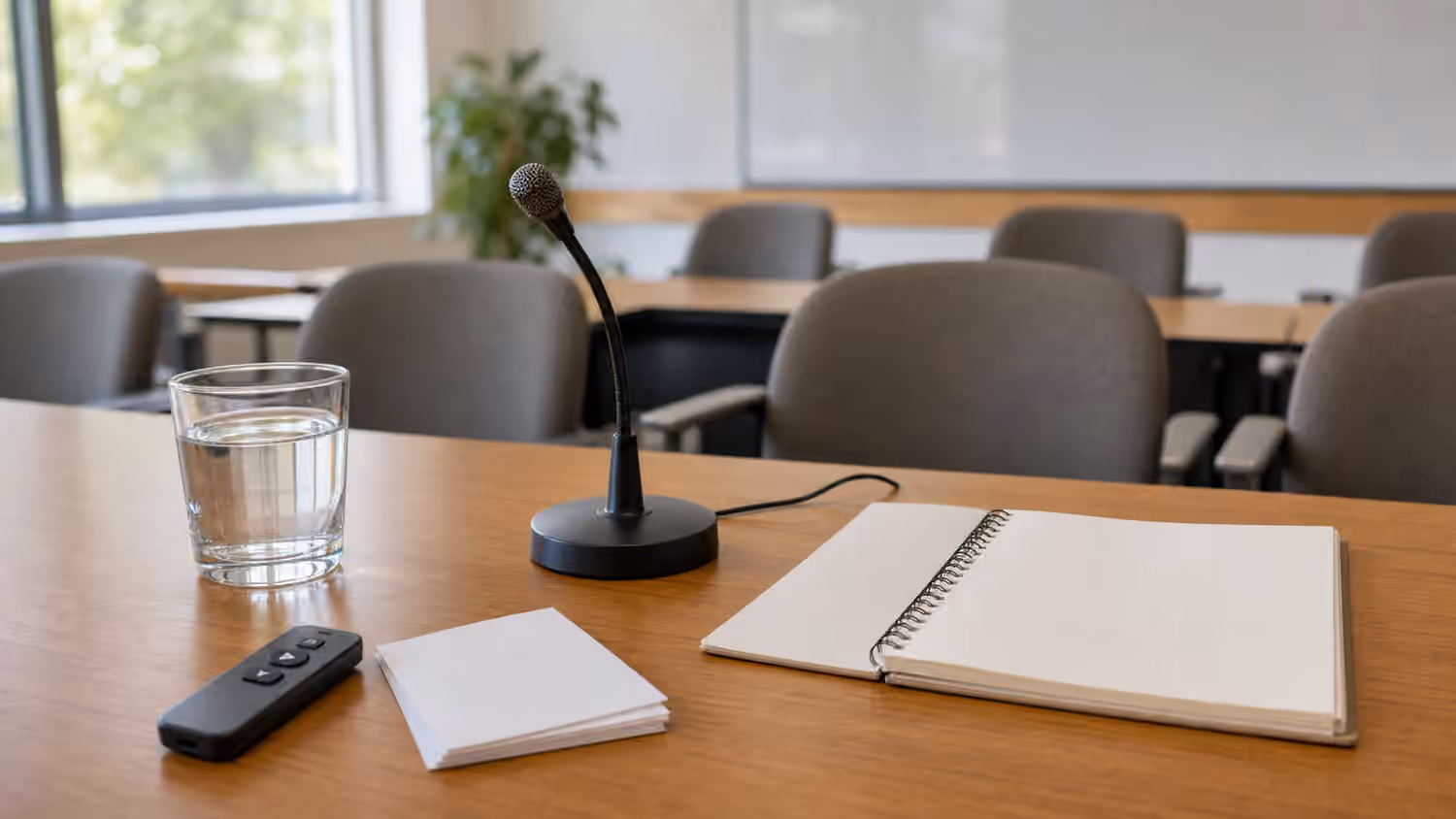 Presentation clicker, blank cue cards, water glass, microphone, and notebook on a meeting table.
