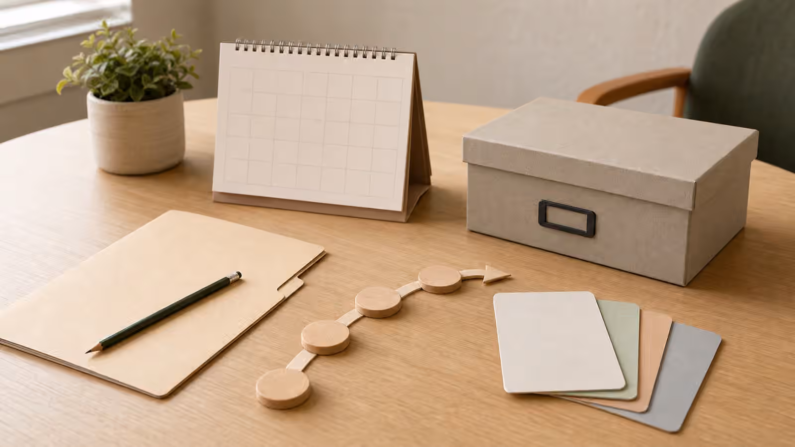Blank calendar, folder, therapy cards, pencil, storage box, and wooden path pieces on a clinic table.