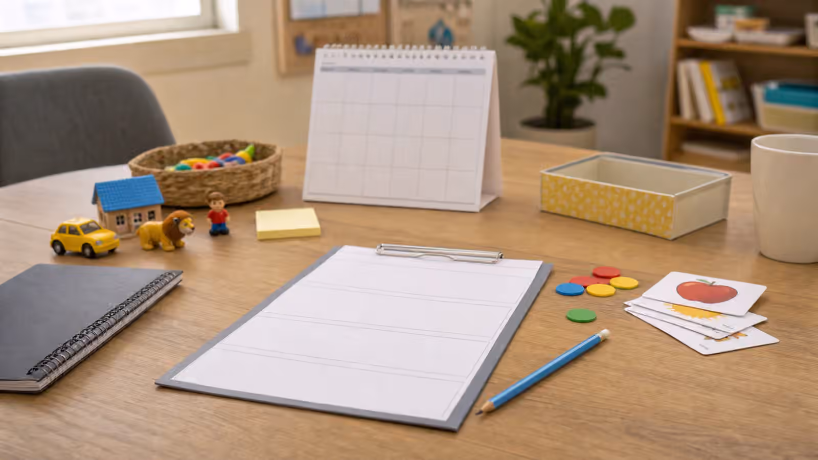 Goal-planning worksheet, therapy toys, picture cards, tokens, pencil, and blank calendar on a clinic table.