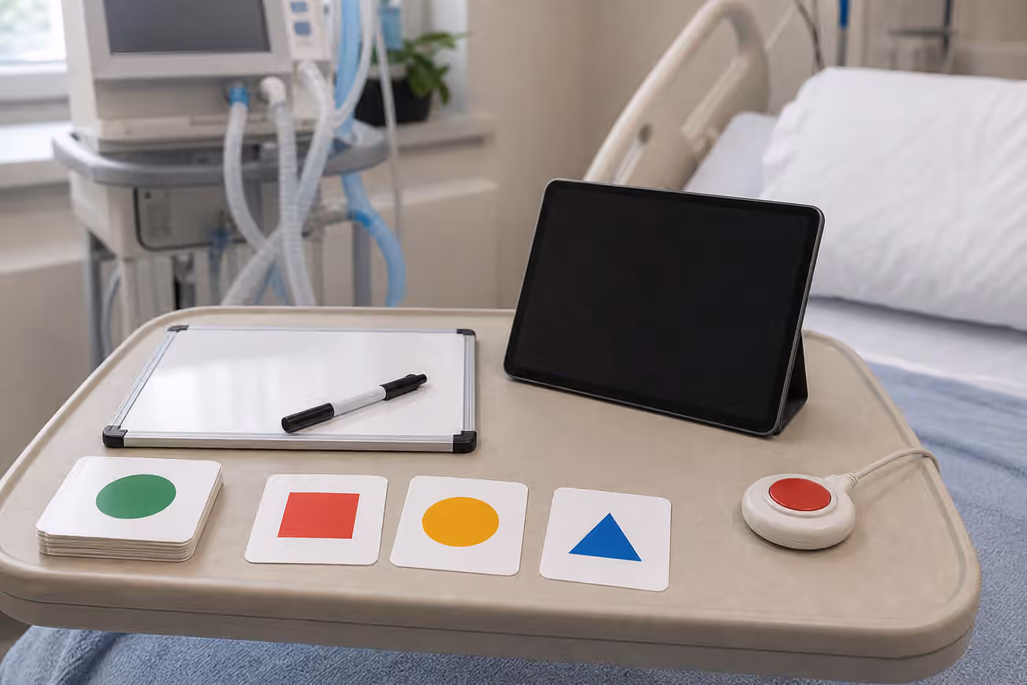 Hospital bedside tray with blank dry-erase board, marker, picture cards with geometric symbols, dark tablet, and call button.