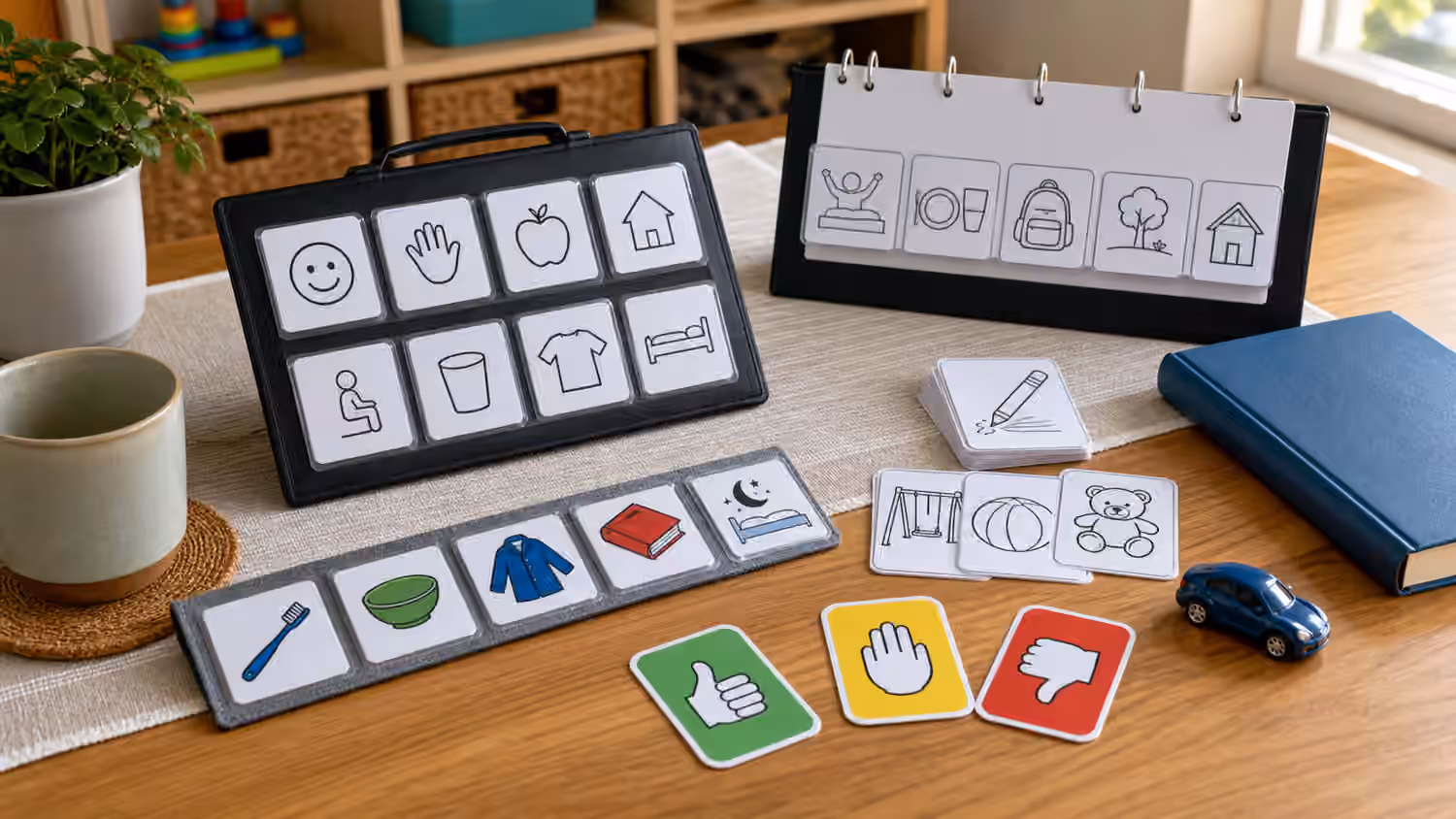 Communication board, blank symbol tiles, schedule strip, choice cards, cup, book, and toy car on a table.