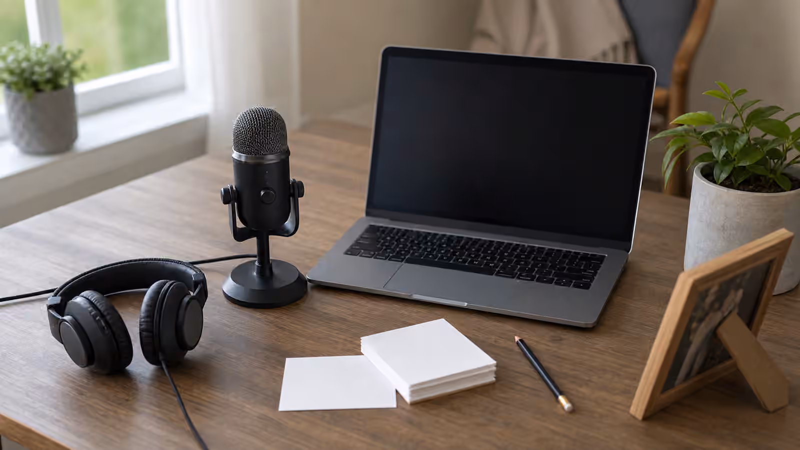 Microphone, headphones, blank cards, pencil, and a blank laptop screen on a quiet desk.