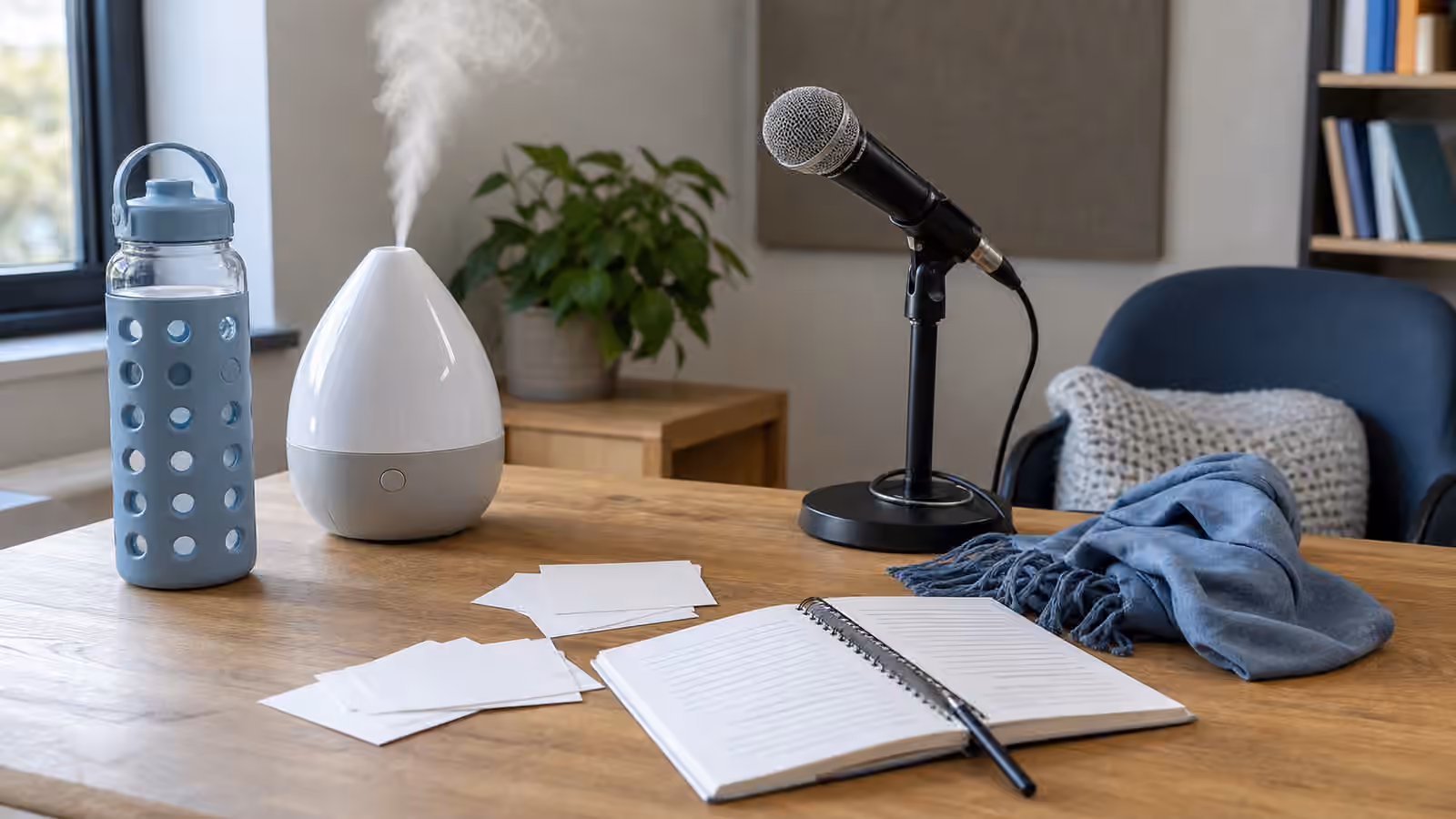Voice care table with water bottle, humidifier, microphone, blank cards, scarf, and notebook.