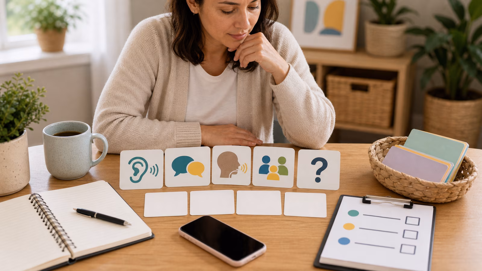 Observation cards, phone, notebook, and speech-language cue icons arranged for evaluation questions.