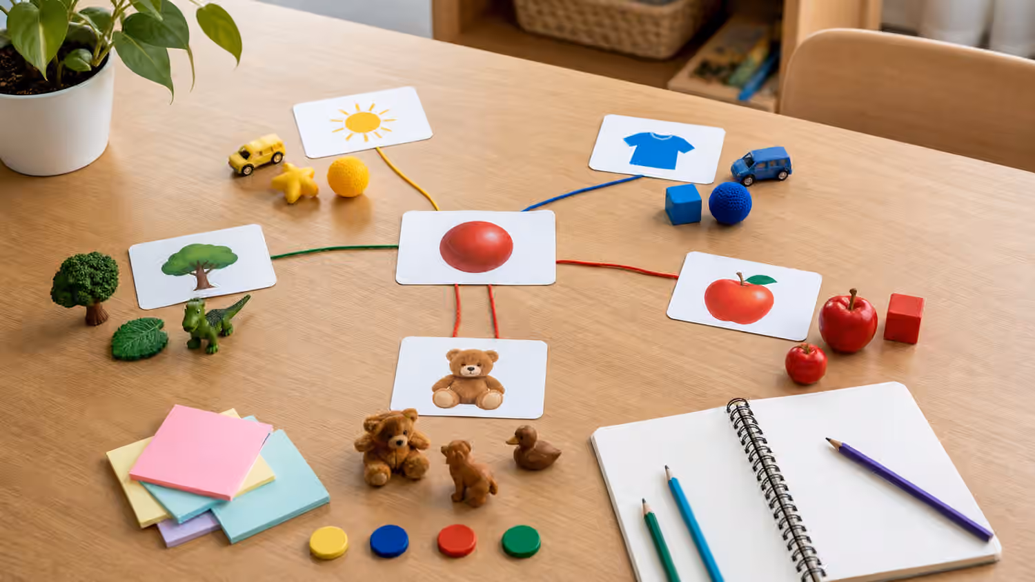 Picture cards, toy objects, colored tokens, blank notebook, and pencils arranged as a vocabulary map.