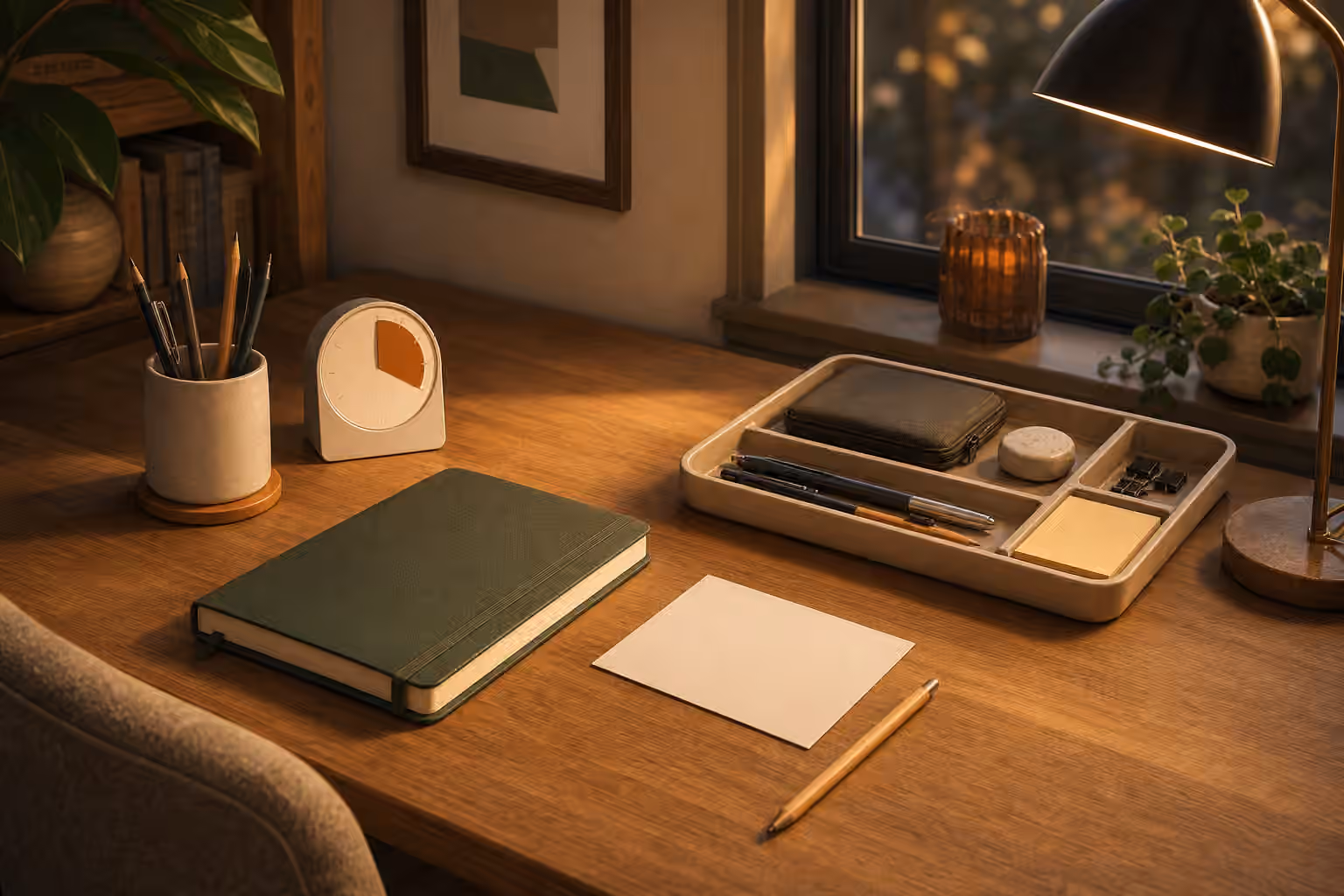 A calm desk with tools returned to a tray, a closed notebook, blank card, pencil cup, lamp, and timer.
