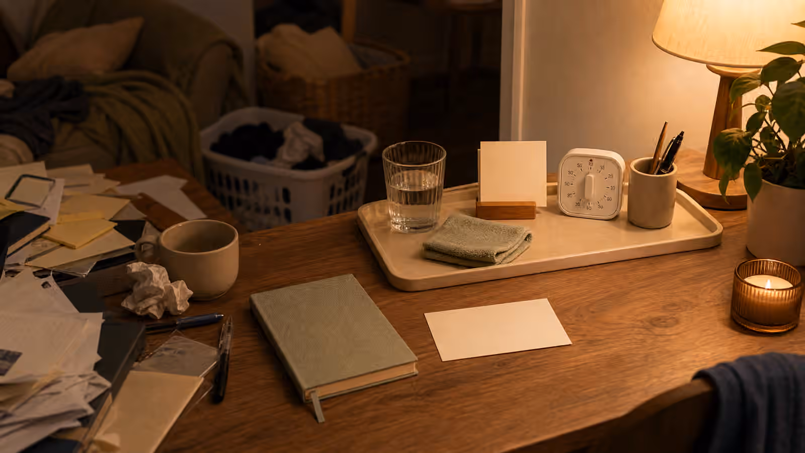 A half-cleared evening desk with a reset tray, blank note card, water glass, folded cloth, timer, notebook, and one easy first object.